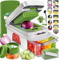Mueller Pro-Series All-in-One, 12 Blade Mandoline Slicer for Kitchen, Food Chopper, Vegetable Slicer and Spiralizer, Cutter, Dicer, Grater, Kitchen Gadgets Sets with Container, White Sand/Pastel Green