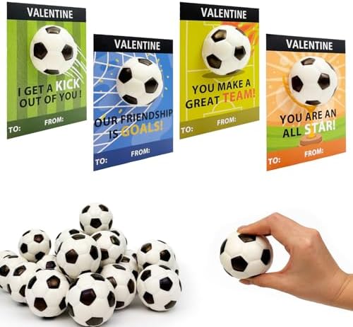 Soccer Valentines Day Cards Gifts for Kids Classroom -24 Pack, Mini Foam Soccer Sports ball Toys with Exchange Cards for Boys Girls,Valentines Party Favors Goodie Bag Stuffer School Class for Toddlers