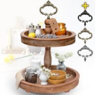 2 Tiered Tray Stand [Includes 3 Changeable Handles] – Rustic Cupcake Stand, Coffee Table Tiered Serving Tray for Kitchen Counter, Stunning Rustic Home Decor, Display Fruits, Plants, Candles (Brown)