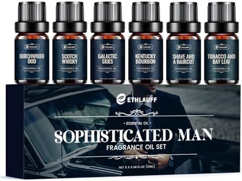 Men Essential Oils Set – TOP 6 Gentlemen’s Fragrance Oil for Diffuser, Candle & Soap Making – Tobacco and Bay Leaf, Kentucky Bourbon, Galactic Skies, Scotch Whisky, Birchwood Oud