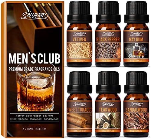 SALUBRITO Men’s Club Fragrance Oils, Wood Essential Oil Set for Diffuser, Soap, Candle Making – Sandalwood, Teakwood, Sweet Tobacco, Bay Rum, Black Pepper, Vetiver, Gentlemen Scented Oil