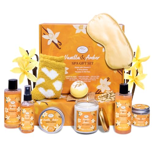 Bath Gift Set for Self Care, 11pcs Luxury Spa Gift Baskets for Women, Home Spa Essential W/ Bubble Bath, Body Lotion, Vanilla Amber Scented Candle, Birthday Gifts for Women, Mothers Day Gifts