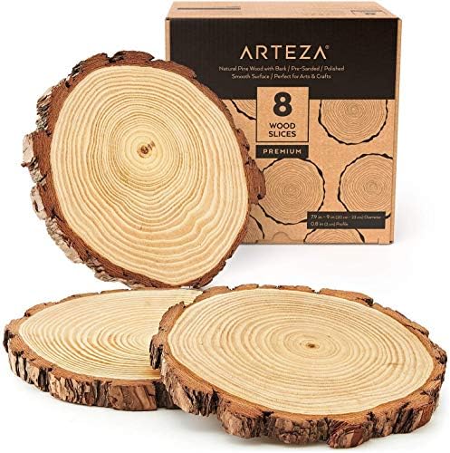 ARTEZA Natural Wood Slices, 7.9-9 Inch Diameter, Set of 8, Brown Round Pine Wood Discs with Bark for Crafts, Christmas Ornaments, Centerpieces