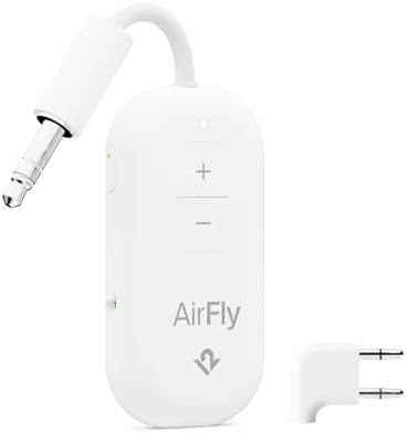 AirFly Pro 2 Deluxe – Bluetooth Adapter for Airplane, Pair 2 AirPods or Wireless Headphones – 3.5mm AUX Bluetooth Transmitter/Receiver for Cars, Boats, Treadmills, TVs – Airplane Travel Essentials