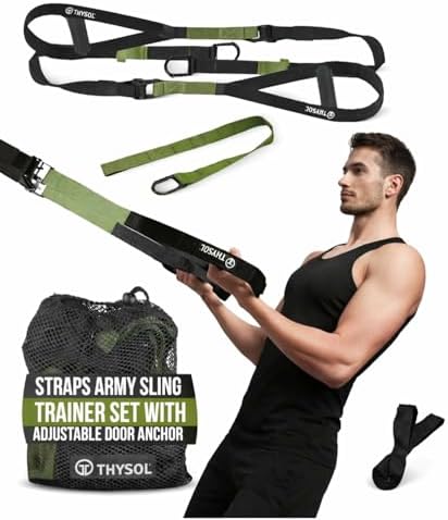 THYSOL® Resistance Trainer Pro Xtreme Straps Army | Sling Trainer Set with Adjustable Door Anchor | Fitness Home Workouts – Suitable for Travelling & for Training Indoor & Outdoor