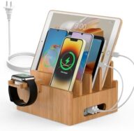 Pezin & Hulin Bamboo Charging Stations, Cell Phone Organizer for Multiple Devices, Tablets, Smart Watch, Included 5 Port USB Charger, Pack 5 Cables