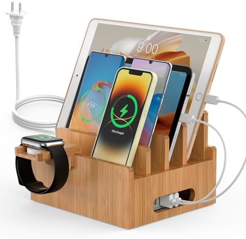 Pezin & Hulin Bamboo Charging Stations, Cell Phone Organizer for Multiple Devices, Tablets, Smart Watch, Included 5 Port USB Charger, Pack 5 Cables