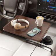 Car Desk for Laptop, Cup Holder Table with 360° Rotation – Wooden Car Laptop Mount, Car Table & Car Food Tray Compatible with Tesla Model Y/3/S & Most Vehicles