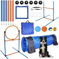 Premium Dog Agility Equipment Set Outdoor Indoor Game, Tire Jump + Hurdle Jump, Tunnel, Weave Poles, Pause Box, 2 Toy Balls, 2 Flying Discs, 1 Whistle, 1 Bag, Backyard Dog Training Obstacle Course Kit