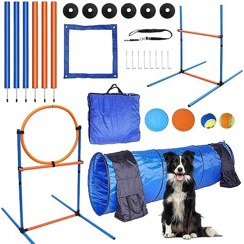 Premium Dog Agility Equipment Set Outdoor Indoor Game, Tire Jump + Hurdle Jump, Tunnel, Weave Poles, Pause Box, 2 Toy Balls, 2 Flying Discs, 1 Whistle, 1 Bag, Backyard Dog Training Obstacle Course Kit