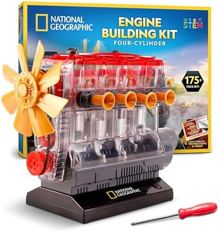 National Geographic 4-Cylinder Engine Building Kit – 175+ Piece Working Model with Moving Parts, Clear Visible Engine Model, STEM Building Toy with Tools & Learning Guide for Kids