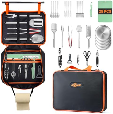 Portable Camping Cooking Utensils Set, Camp Kitchen Set with Organizer Bag, RV Essentials Outdoor Cooking Utensil Kit for Travel, Picnics, Camping, BBQs, Parties