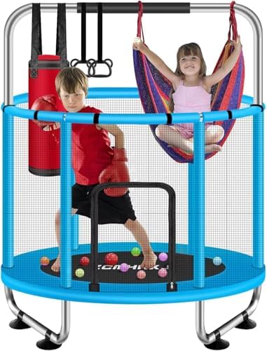 55″ Trampoline for Kids with Enclosure, 440lbs Capacity Indoor & Outdoor Toddler Trampoline with Adjustable Gymnastics Bar & Toys, for Boys & Girls