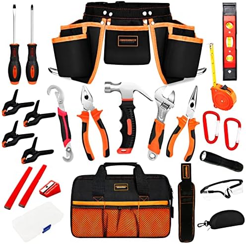 25 Pieces Kids Real Tool Kit Children Real Tool Set with Real Hand Tools, Kids Tool Belt, Pouch Bag,Magnetic Wristband for Small Hands DIY Woodworking Projects Home Repair