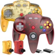 2 Pack Wireless N64 Switch Online Controller, 2.4 GHz USB & N64 Receivers, Compatible with Windows PC macOS Raspberry Pi, N64 / Switch Online/NSO – (Rechargeable) (Plug and Play) (Clear Red/Yellow)