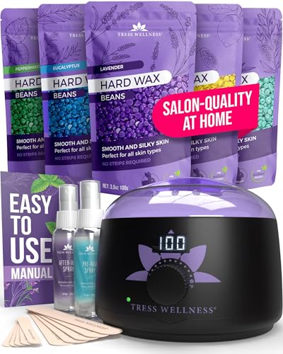 Tress Wellness Waxing Kit for Sensitive Skin, Safe for Face & Skin, Prep & Aftercare Spray, Easy to Use, At-Home Kit for Face, Bikini, Brazilian & Full Body – Digital Display, Black Purple Flower