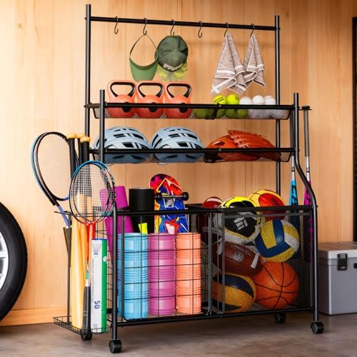 Large Sports Organizer for Garage, Ball Storage Rack Garage Sports Equipment Organizer with Side Racks, Baskets, Hooks, Multi-Purpose Golf Gear Storage for Gym Indoor Outdoor
