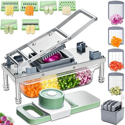 Stainless steel Vegetable Chopper, Veggie Chopper With 10 Blades, Onion Dicer with Container, Food Cutter & Grater Mandoline Slicer