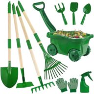 Duckura Kids Gardening Tools Set – 10pcs Wheelbarrow Set for Kids with Shovel, Rake, Leaf Rake, Summer Outdoor Yard Digging Weed Toys, Easter Birthday Gifts for Boys Girls Age 2 3+ Years(Green)