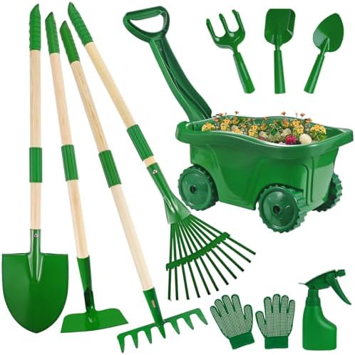 Duckura Kids Gardening Tools Set – 10pcs Wheelbarrow Set for Kids with Shovel, Rake, Leaf Rake, Summer Outdoor Yard Digging Weed Toys, Easter Birthday Gifts for Boys Girls Age 2 3+ Years(Green)