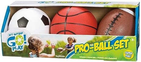 Toysmith Get Outside GO! Pro-Ball Set (Pack of 3) – Small Toddler Sports Balls for Ages 3+ – Includes 5″ Soccer, 6.5″ Football & 5″ Basketball – Indoor or Outdoor Play, Backyard Toy & Gift for Kids