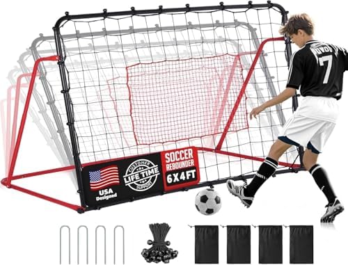 Soccer Rebounder Net, 10 Adjustable Angles 6x4FT Soccer Kickback Trainer for Passing, Ball Control & Volley Practice, Easy Setup Portable Football Training Net for Solo & Team Use