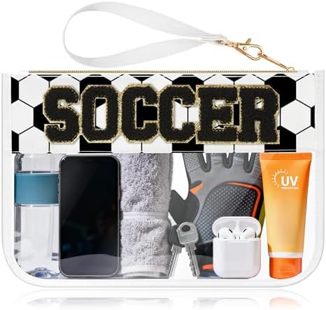 Soccer Gift Makeup Bag with Chenille Letter Patch, Clear Cosmetic Pouch PVC Organizer Purse, Waterproof Travel Bag, Portable Toiletry Storage Bag for Her Friends