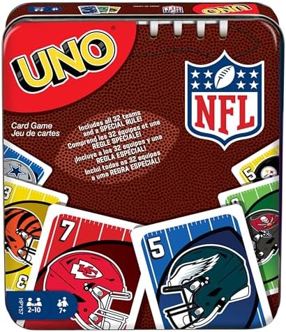 Mattel Games UNO NFL Card Game in Storage Tin Box for Kids, Adults, Parties & Travel with NFL Team Logos & Special Rule (Amazon Exclusive)