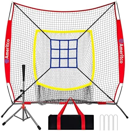 Baseball Net，7x7ft Baseball Practice Net with Tee and Target, Large Pocket Sports net for Hitting/Batting/Pitching/Throwing,Scratch Resistant Base, Versatile Use for All Levels