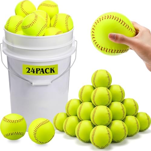 Lewtemi 24 Pack of Practice Softballs Bulk, Slowpitch and Fastpitch Softballs with 6 Gallon Bucket, Yellow Leather Covered Weighted Sports Soft Balls for Practice, Games and Training