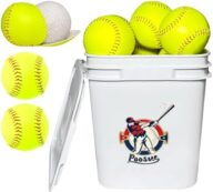 Bucket of 13 Practice Softballs, Official Size and Weight Slowpitch Softball Unmarked Leather Covered Youth Fastpitch Ball Sports Ball for Games, Practice and Training, Yellow