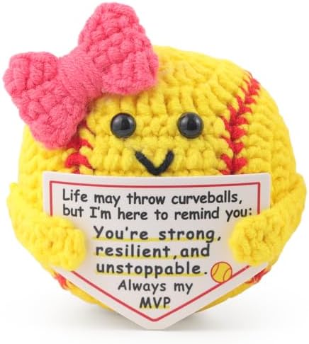 Rimvoe Crochet Positive Softball, with Bow and Motivational Message Card, Knitted Softball Gift for Players, Teammates or Lovers