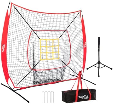 7×7 Ft Baseball and Softball Training Net with Batting Tee, Strike Zone Target, Portable Hitting and Pitching Practice Set