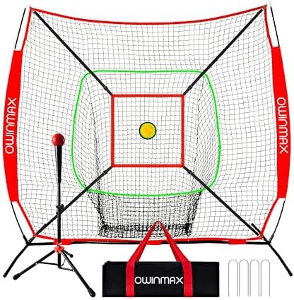 7×7 FT Baseball Net, Baseball & Softball Training net with Batting Tee, Strike Zone & Circular Target and Weighted Ball, Portable Design with Compact Storage
