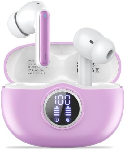 A10 Pro Wireless Earbuds Bluetooth 5.3 HiFi Stereo, 50H Playback LED Digital Display Earphones, ENC Noise Cancelling Mic, Ergonomic Sport Headphone Headset for Gym/Running/Work – Pink