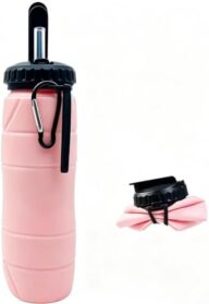 Collapsible Water Bottle (650mL) with Straw for Hiking, Travel Camping Pink