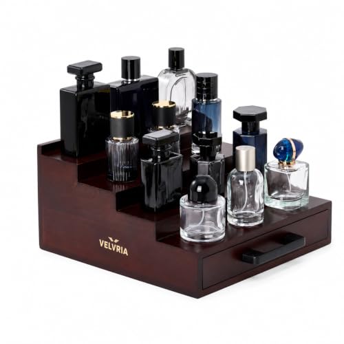 Cologne Organizer for Men, 4 Tier Wooden Cologne Stand with Drawer