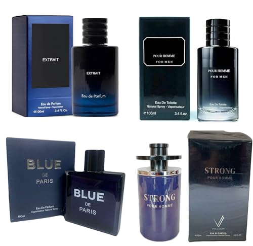 4-Piece Fragrance Gift Set for Men – Strong, Extrait, Pour Homme and Blue De Paris Aromatic, Floral, Oriental & Woody Notes – 3.4 OZ Eau De Parfum
