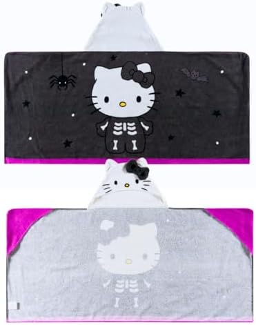Sanrio Hello Kitty Skeleton Halloween Kids Super Soft Bath/Pool/Beach Soft Cotton Terry Hooded Towel Wrap, 24 in x 50 in, (Officially Licensed Product) by Franco