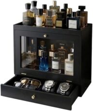 Cologne Organizer for Men, Large Capacity Solid Wood Perfume Organizer with Dustproof Acrylic Door and Drawer Storage, Display Cologne Stand for Dresser, Ideal Gift for Men