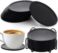 Set of 10 Silicone Coasters Silicone Glasses Round Design Glass Coasters Drink Coasters with Stainless Steel Stand for Table Desk Office Kitchen Bar Drinks Furniture Protector