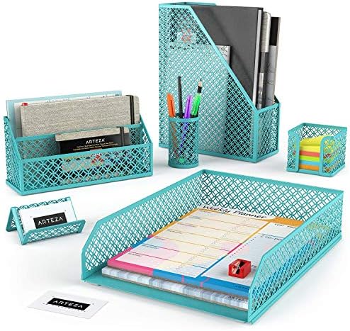 ARTEZA 6-Piece Teal Desk Accessories Set, Essential Desktop Organizer for Home Office, Includes Paper Organizer, Pencil Holder, Letter Sorter & More, Teal Office Supplies