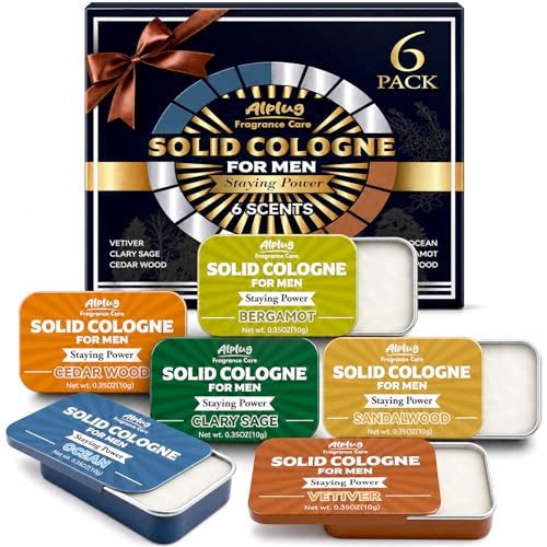 6 Pack Solid Cologne Gifts for Men, Mens Gifts Cologne with Cedar Wood, Bergamot, Sandalwood, Clary Sage, Vetiver, Ocean Perfume, Stocking Stuffers for Men, Christmas Gift for Dad Husband Boyfriend