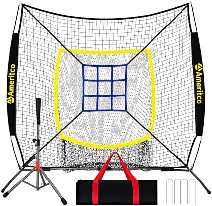 Baseball Net，7x7ft Baseball Practice Net with Tee and Target, Large Pocket Sports net for Hitting/Batting/Pitching/Throwing,Scratch Resistant Base, Versatile Use for All Levels