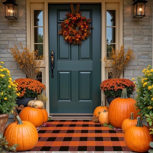 Buffalo Plaid Area Rug, Checkered Rug 27.5×43 Inches, Black and Orange Rug, Washable Cotton Mat for Front Porch, Entryway, Kitchen, Living Room, Halloween Decor
