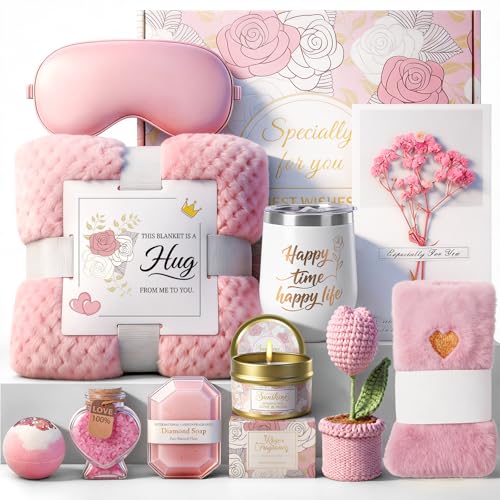 Birthday Gifts for Women, Get Well Soon Gifts Basket, Self Care Spa Gift Set for Mom Friend Sister Wife Grandma, Care Package with Blanket, Tumbler, Eye Mask, Fuzzy Socks, Her Graduation Gifts