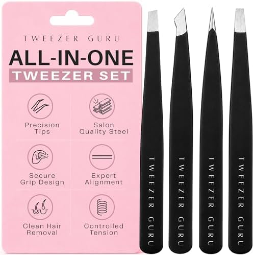 Tweezer Guru Eyebrow Tweezer Set (4-Piece) for Women & Men – Professional Slant and Pointed Tweezers Set with Case – Precision Tweezers Kit for Facial Hair, Splinter and Ingrown Hair Removal