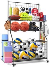 Sports Equipment Organizer,Garage Ball Storage Rack with Basketball Rack with Hooks and Rolling Wheels Cart-Black