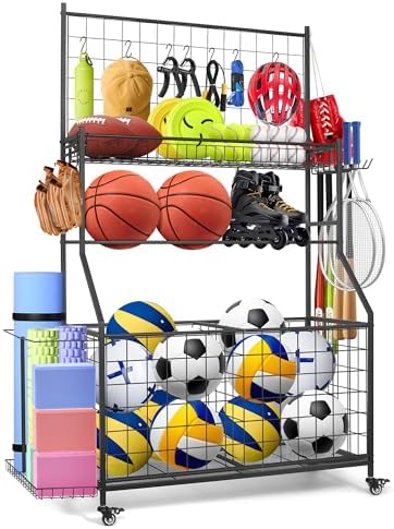 Sports Equipment Organizer,Garage Ball Storage Rack with Basketball Rack with Hooks and Rolling Wheels Cart-Black