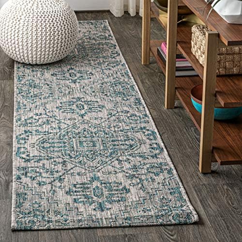 JONATHAN Y Boho Medallion Indoor Outdoor Runner Rug 2X8 Teal/Gray, Estrella Textured Weave for Backyard, Patio, Porch, Easy-Cleaning, High Traffic, Pet-Friendly, Non-Shedding (SMB105C-28)